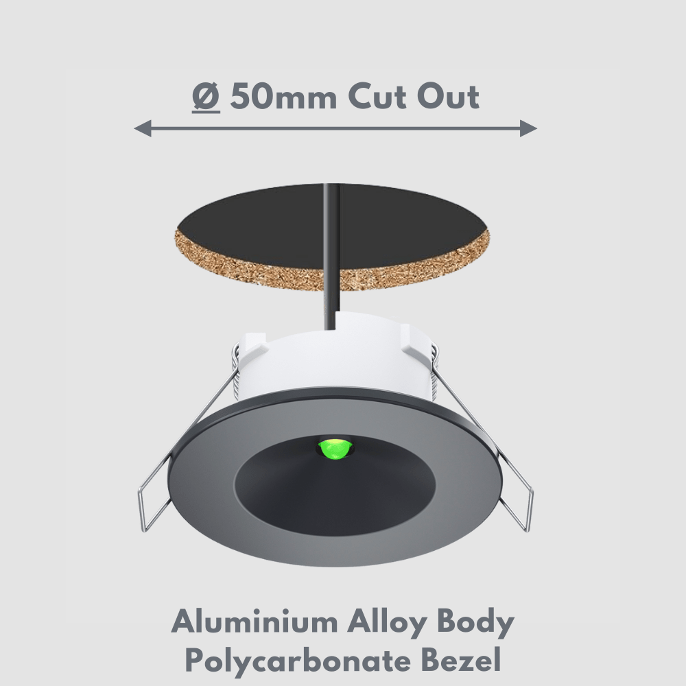 AXIO Mini Non Maintained LED Downlight Pin Spot Light | LED 2W 150lm | 6500K Daylight | IP20 | 3hr Emergency | Black - LightHub Direct