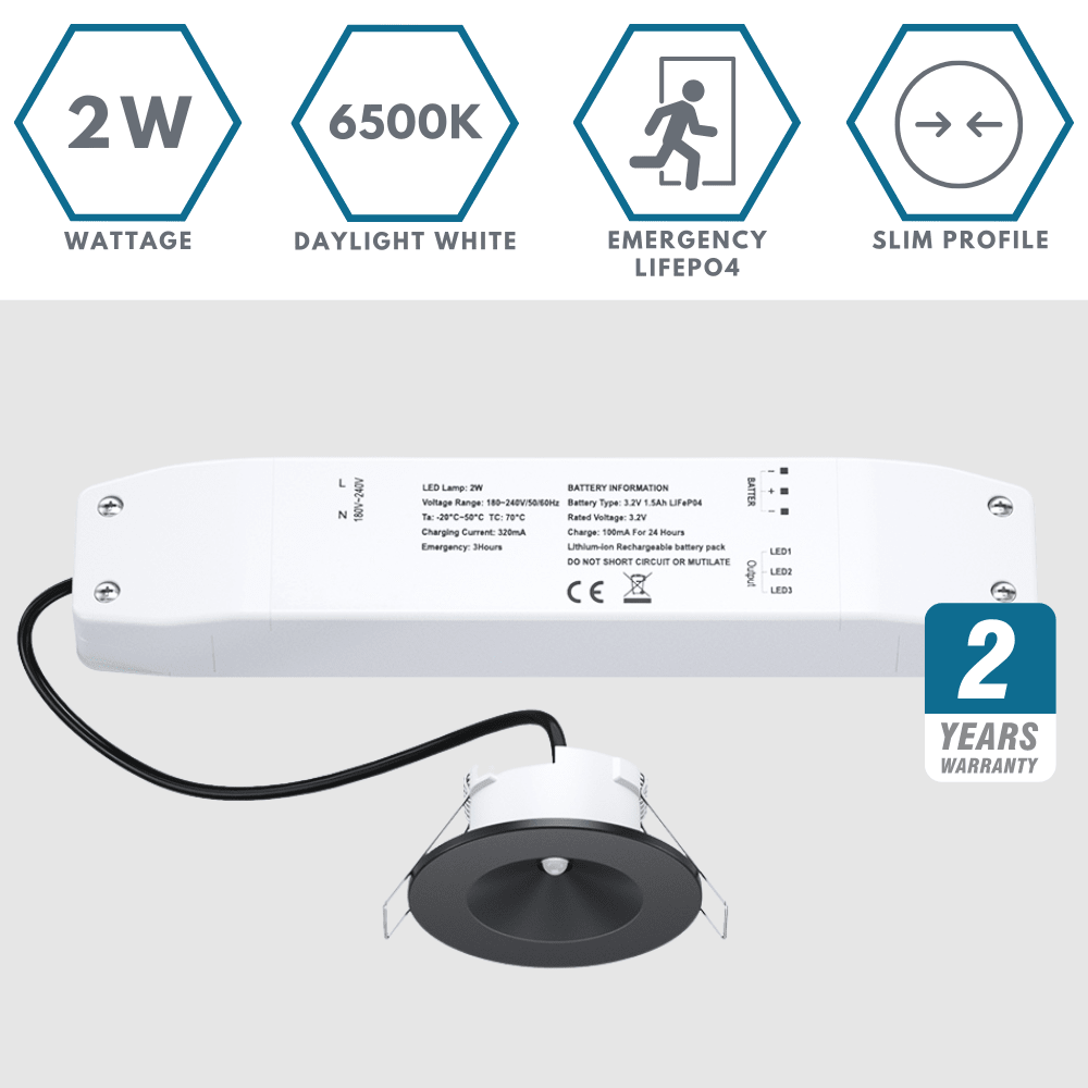 AXIO Mini Non Maintained LED Downlight Pin Spot Light | LED 2W 150lm | 6500K Daylight | IP20 | 3hr Emergency | Black - LightHub Direct