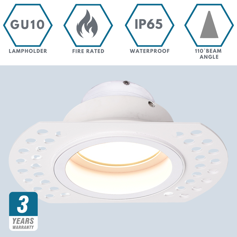 LIMA | Plaster-in Trimless Round | Fire Rated | Baffle Anti Glare Downlight | GU10 | White