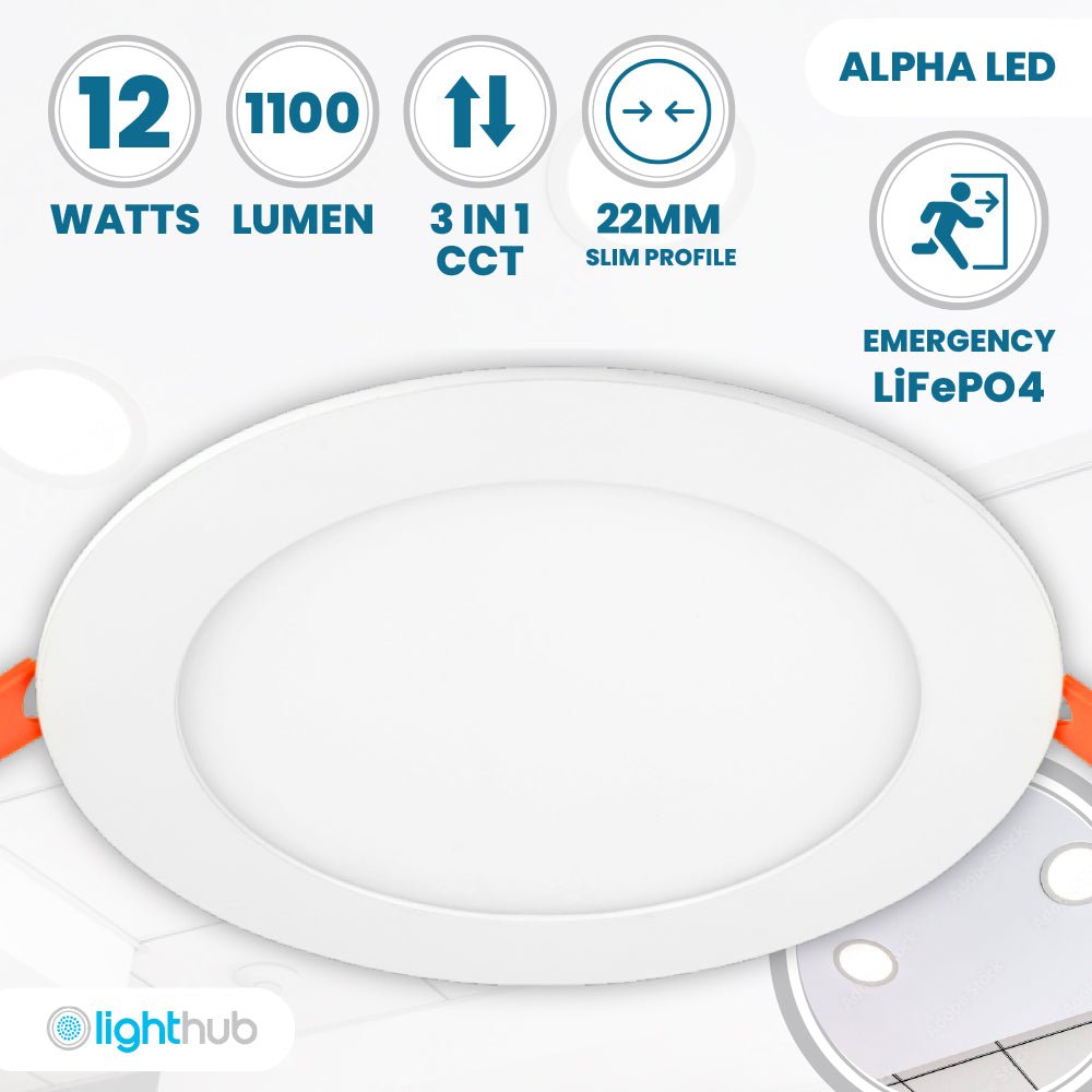 ALPHA - CT PANEL Slim Flat Recessed Round Downlight Fitting | LED 12W 1110lm | CCT Tri - Colour | IP44 | 3hr Emergency - LightHub Direct