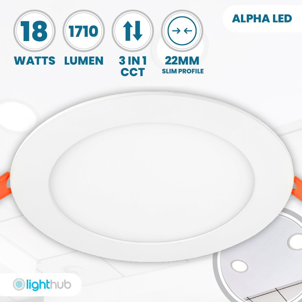 ALPHA - CT PANEL Slim Flat Recessed Round Downlight Fitting | LED 18W 1710lm | CCT Tri - Colour | IP44 - LightHub Direct