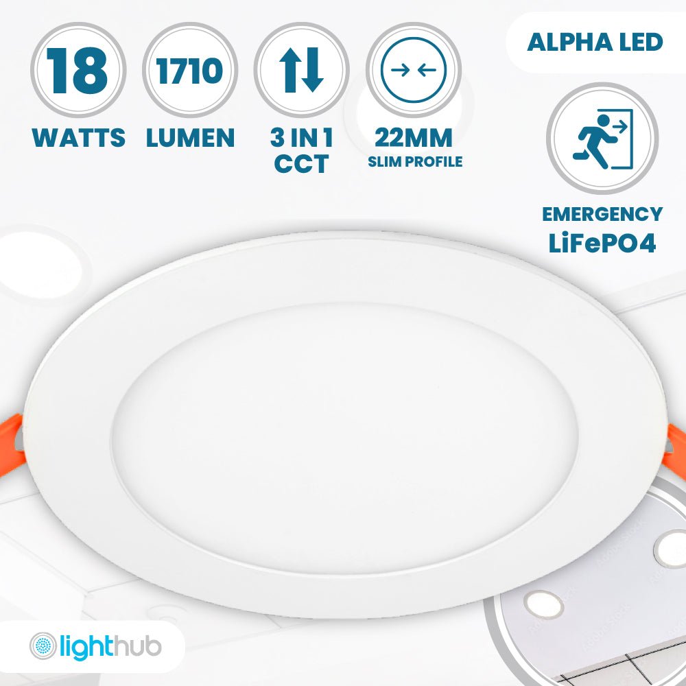 ALPHA - CT PANEL Slim Flat Recessed Round Downlight Fitting | LED 18W 1710lm | CCT Tri - Colour | IP44 | 3hr Emergency - LightHub Direct