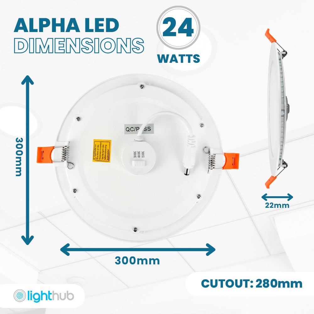 ALPHA - CT PANEL Slim Flat Recessed Round Downlight Fitting | LED 24W 2250lm | CCT Tri - Colour | IP44 | 3hr Emergency - LightHub Direct