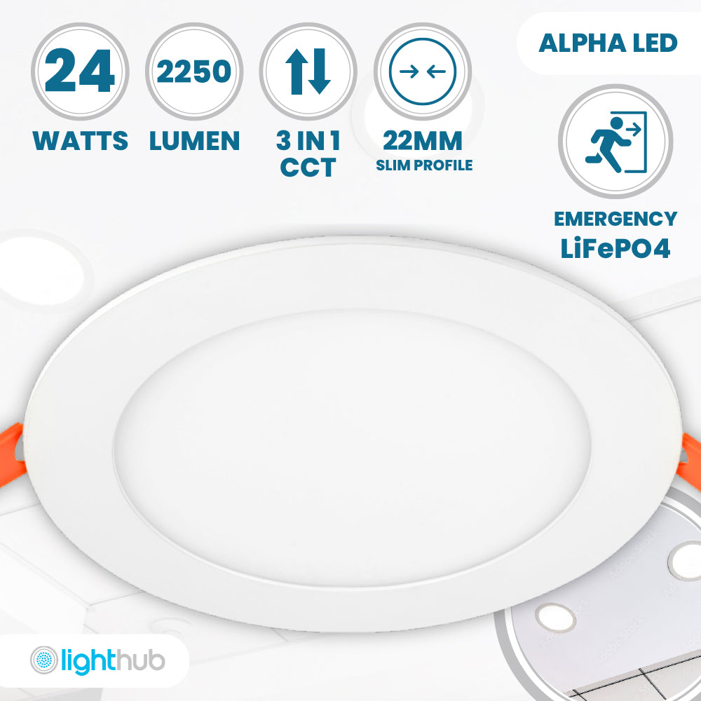 ALPHA-CT PANEL Slim Flat Recessed Round Downlight Fitting | LED 24W 2250lm | CCT Tri-Colour | IP44 | 3hr Emergency
