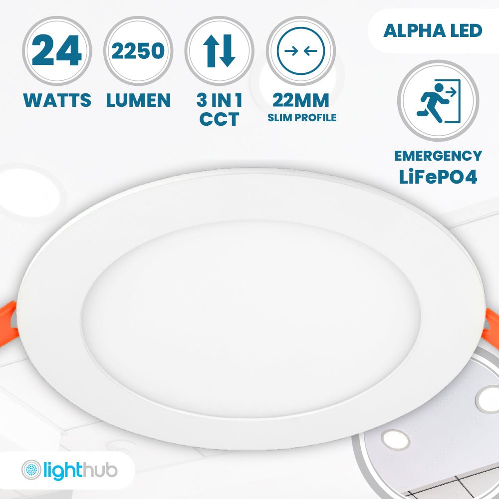 ALPHA - CT PANEL Slim Flat Recessed Round Downlight Fitting | LED 24W 2250lm | CCT Tri - Colour | IP44 | 3hr Emergency - LightHub Direct