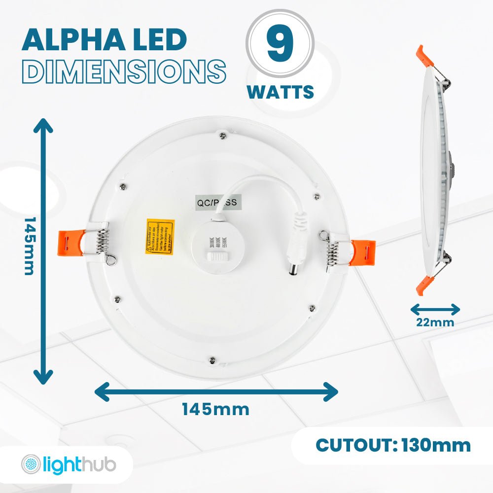 ALPHA - CT PANEL Slim Flat Recessed Round Downlight Fitting | LED 9W 840lm | CCT Tri - Colour | IP44 | 3hr Emergency - LightHub Direct