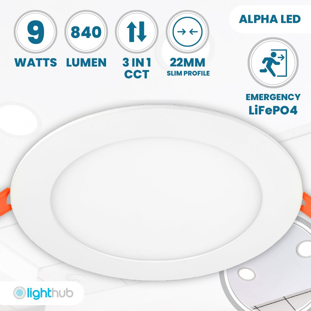 ALPHA - CT PANEL Slim Flat Recessed Round Downlight Fitting | LED 9W 840lm | CCT Tri - Colour | IP44 | 3hr Emergency - LightHub Direct