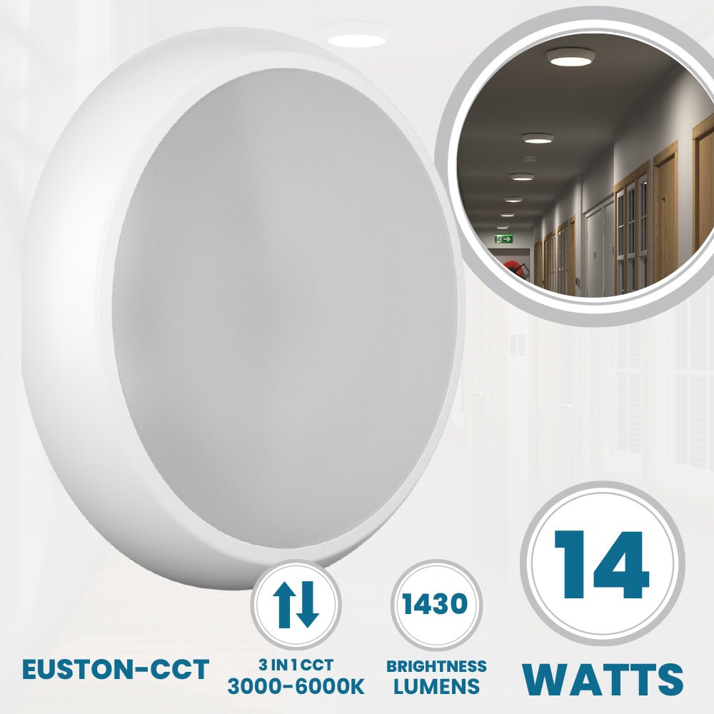 EUSTON CCT Slim Bulkhead Light Fitting | LED 14W 1430lm | CCT Tri - Colour Switchable | IP65 | Standard - LightHub Direct