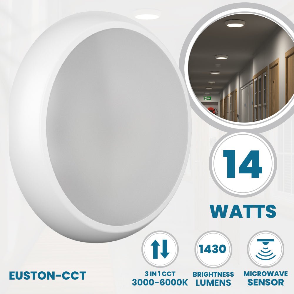 EUSTON CCT Slim Bulkhead Light Fitting | LED 14W 1430lm | CCT Tri - Colour Switchable | IP65 | Microwave Motion Sensor - LightHub Direct