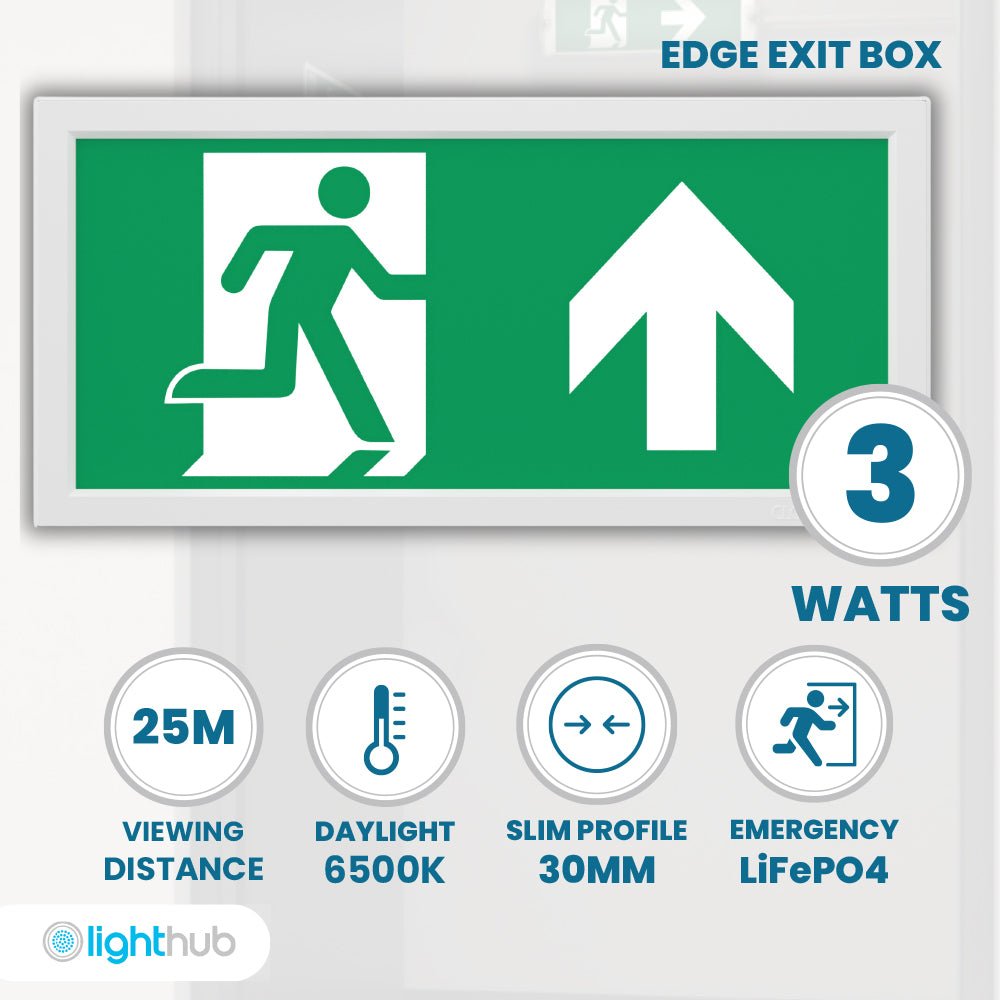 EDGE Slim Over Door Exit Box Running Man Light | LED 3W 200lm | 6000K Daylight White | IP20 | 3hr Emergency Function | UP, DOWN, LEFT & RIGHT Arrows - LightHub Direct