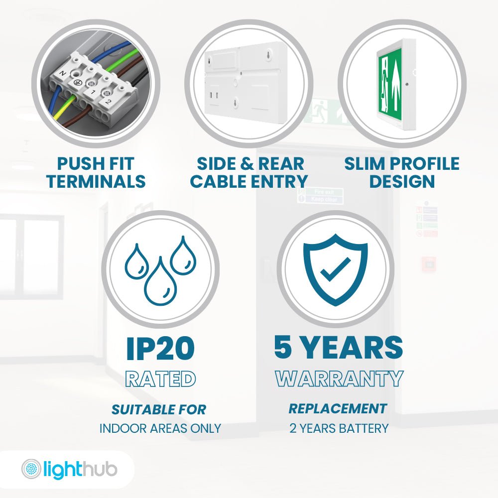 EDGE Slim Over Door Exit Box Running Man Light | LED 3W 200lm | 6000K Daylight White | IP20 | 3hr Emergency Function | UP, DOWN, LEFT & RIGHT Arrows - LightHub Direct