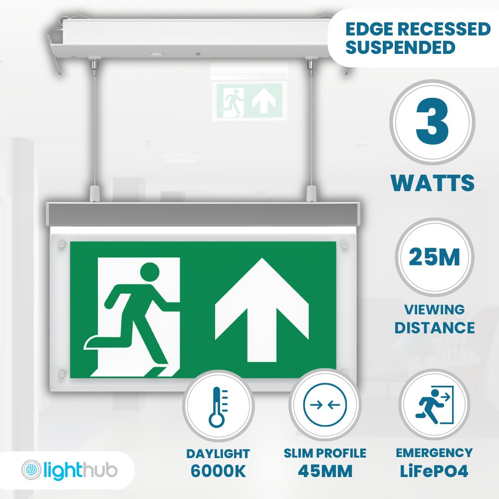 EDGE Suspended Recessed Ceiling Exit Running Man Sign Light | LED 3W 200lm | 6000K Daylight White | IP20 | 3hr Emergency Function - LightHub Direct