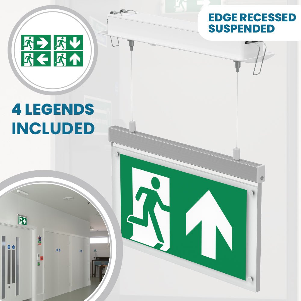 EDGE Suspended Recessed Ceiling Exit Running Man Sign Light | LED 3W 200lm | 6000K Daylight White | IP20 | 3hr Emergency Function - LightHub Direct