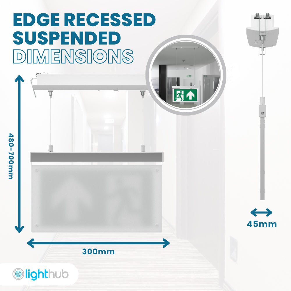 EDGE Suspended Recessed Ceiling Exit Running Man Sign Light | LED 3W 200lm | 6000K Daylight White | IP20 | 3hr Emergency Function - LightHub Direct