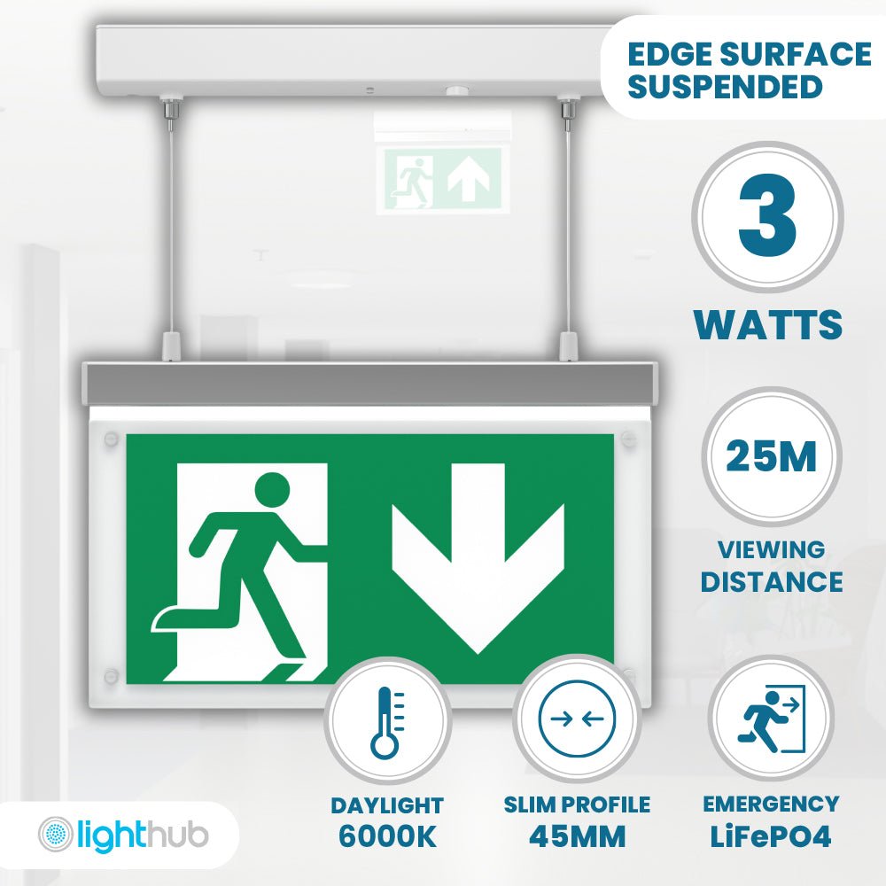 EDGE Emergency Exit Running Man Sign | LED 3W 40LM | 6000K Daylight | IP20 | Surface Mounted Suspended - LightHub Direct