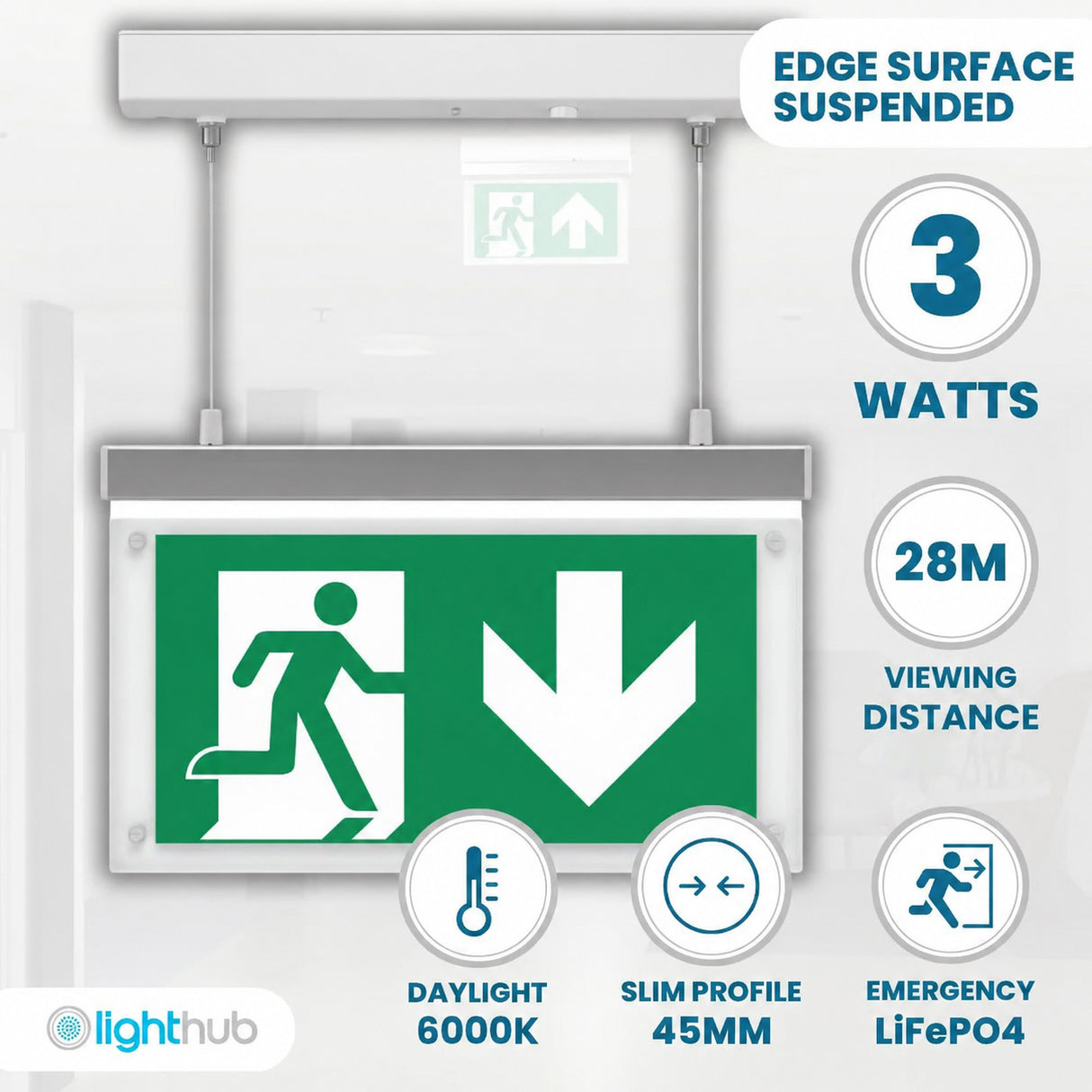 EDGE Emergency Exit Running Man Sign | LED 3W 40LM | 6000K Daylight | IP20 | Surface Mounted Suspended - LightHub Direct