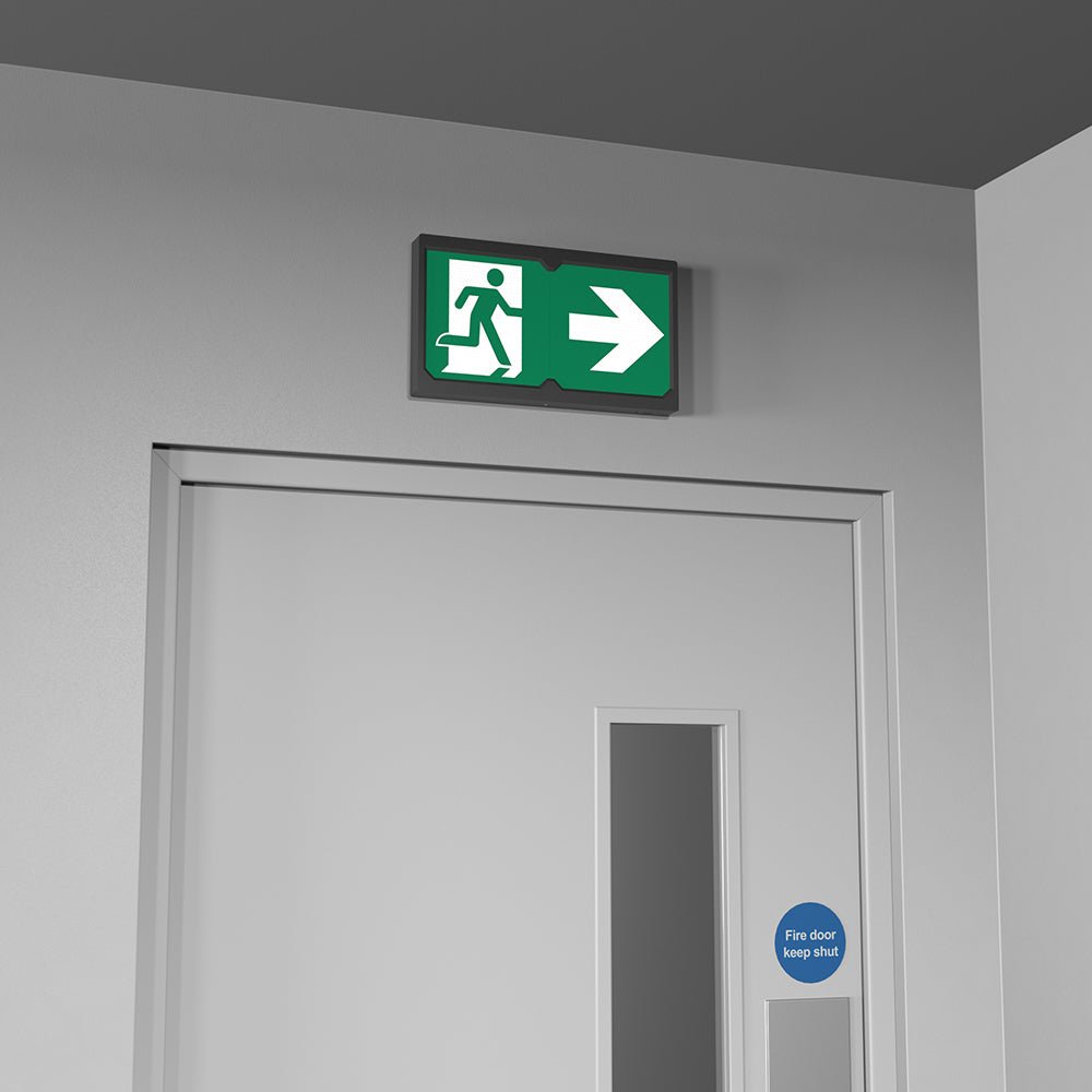 Surface Wall Exit Box Running Man Sign Light | LED 3W 100lm | 4000K Neutral White | IP20 | 3hr Emergency | Black - LightHub Direct