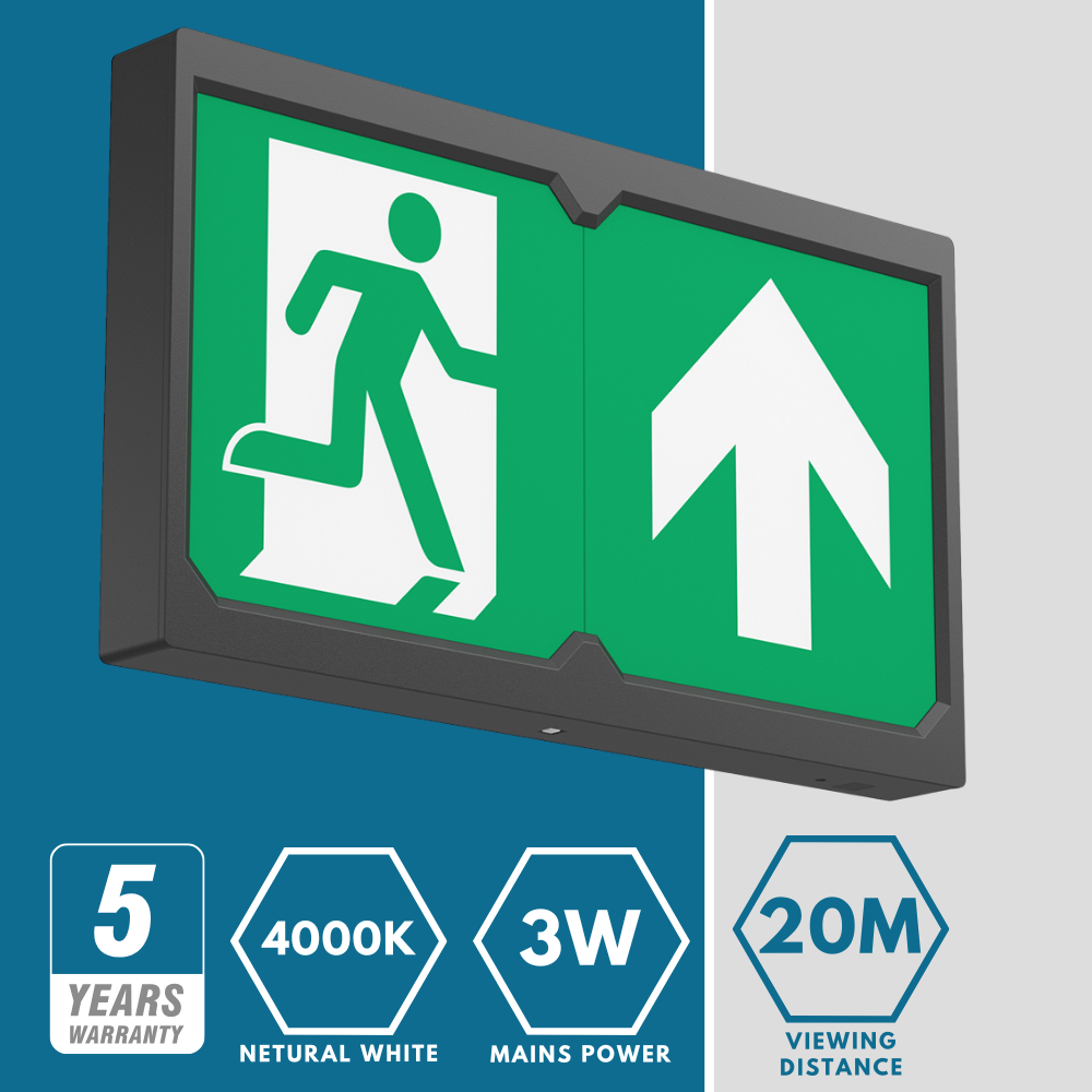 Surface Wall Exit Box Running Man Sign Light | LED 3W 100lm | 4000K Neutral White | IP20 | 3hr Emergency | Black