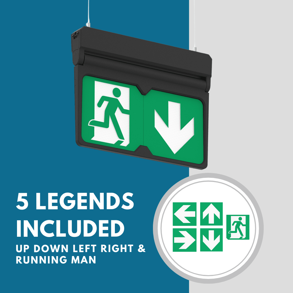 MULTI | Hanging Ceiling Surface Exit Running Man Sign Light | LED 3W 200lm | 4000K Neutral White | IP20 | 3hr Emergency | Black - LightHub Direct