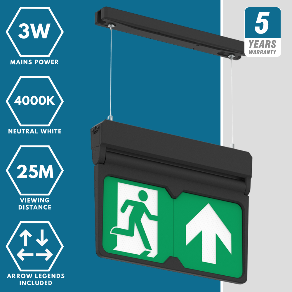 MULTI | Hanging Ceiling Surface Exit Running Man Sign Light | LED 3W 200lm | 4000K Neutral White | IP20 | 3hr Emergency | Black