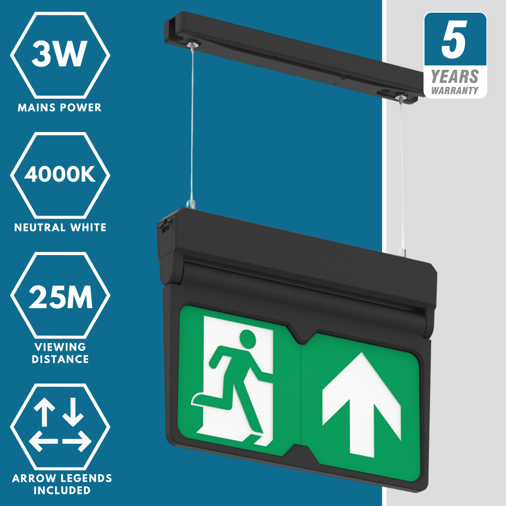 MULTI | Hanging Ceiling Surface Exit Running Man Sign Light | LED 3W 200lm | 4000K Neutral White | IP20 | 3hr Emergency | Black - LightHub Direct
