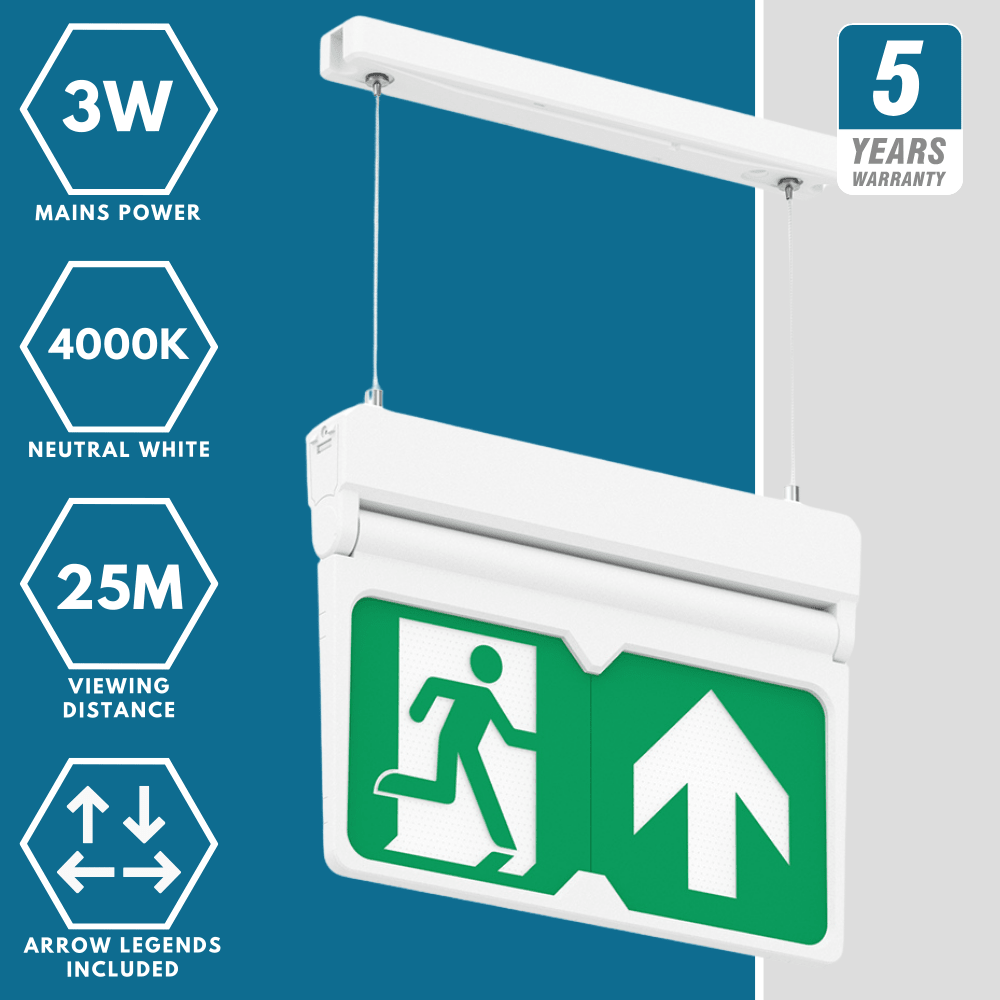 MULTI | Hanging Ceiling Surface Exit Running Man Sign Light | LED 3W 200lm | 4000K Neutral White | IP20 | 3hr Emergency | White - LightHub Direct