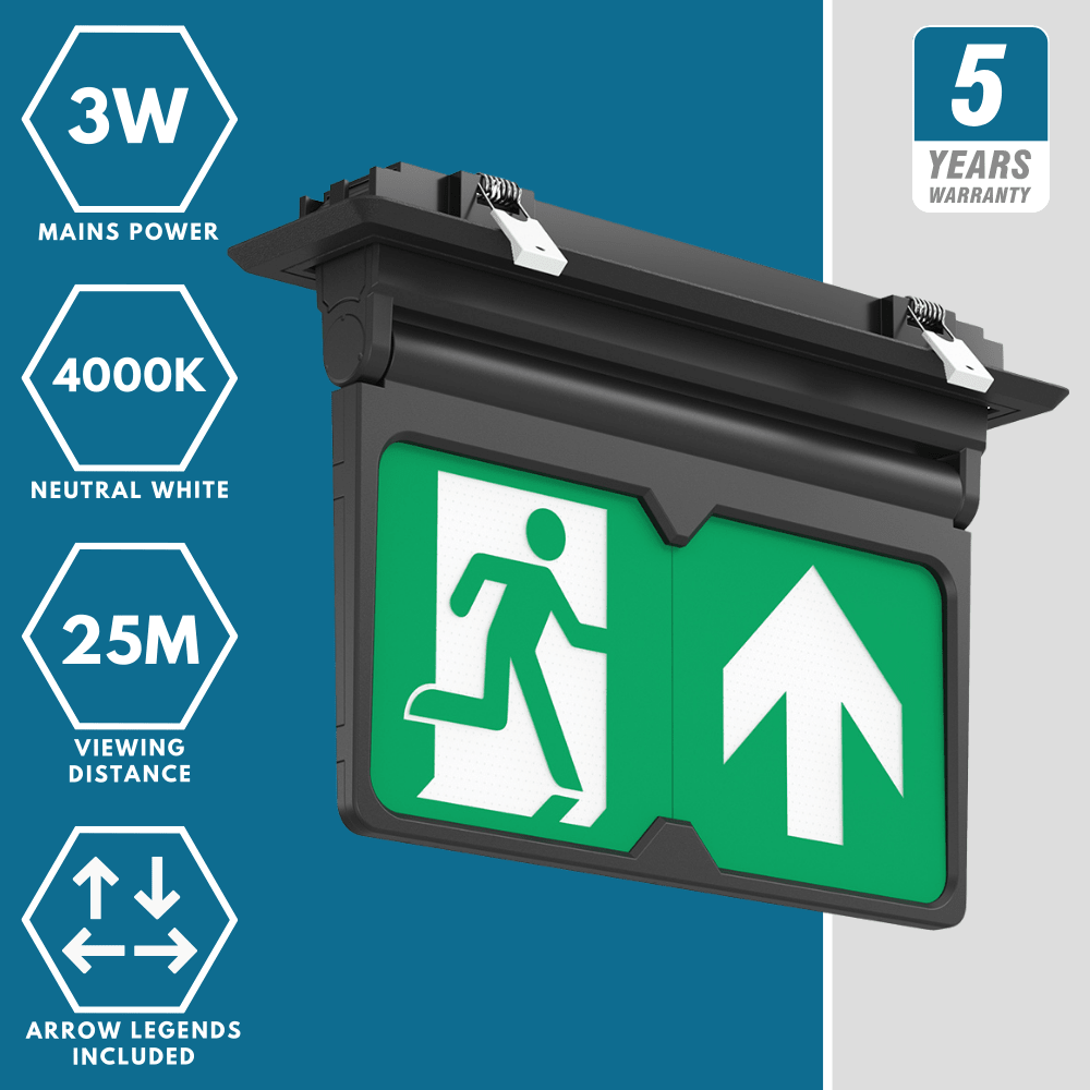 MULTI | Surface Ceiling Recessed Exit Running Man Sign Light | LED 3W 200lm | 4000K Neutral White | IP20 | 3hr Emergency | Black - LightHub Direct