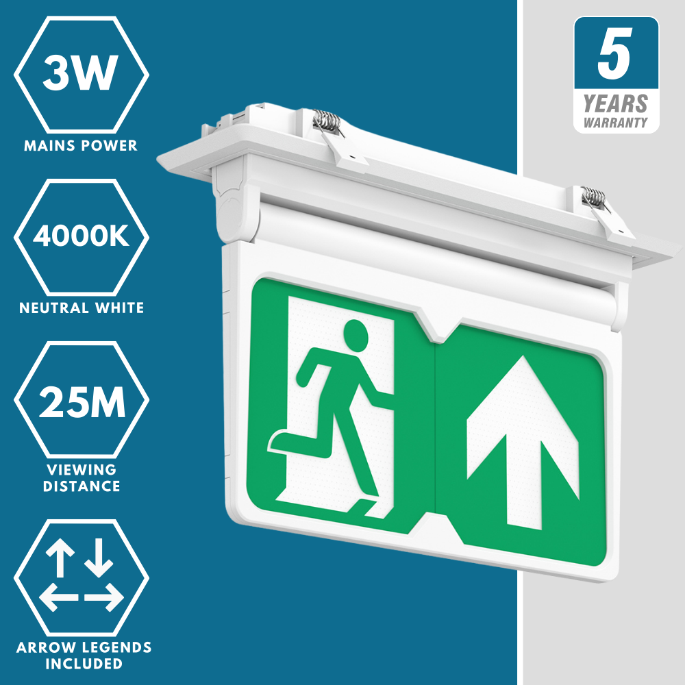 MULTI | Surface Ceiling Recessed Exit Running Man Sign Light | LED 3W 200lm | 4000K Neutral White | IP20 | 3hr Emergency | White