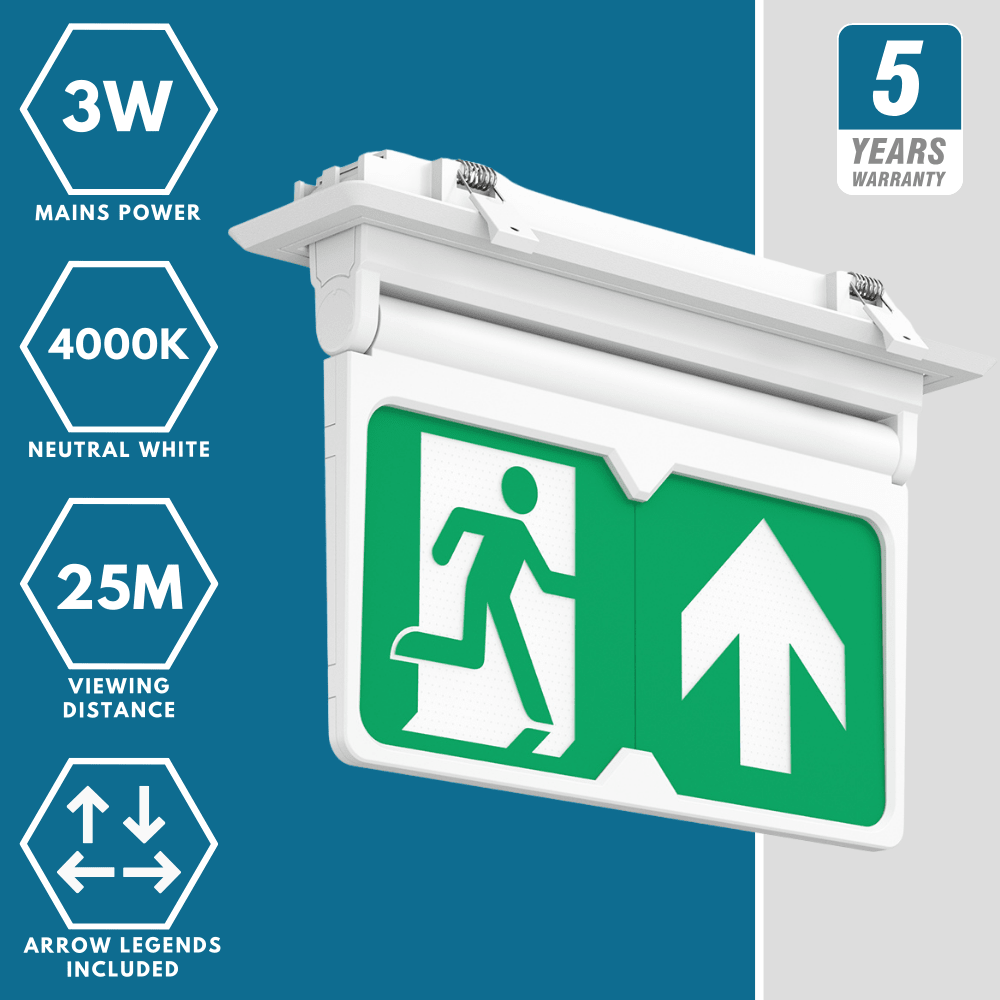 MULTI | Surface Ceiling Recessed Exit Running Man Sign Light | LED 3W 200lm | 4000K Neutral White | IP20 | 3hr Emergency | White - LightHub Direct