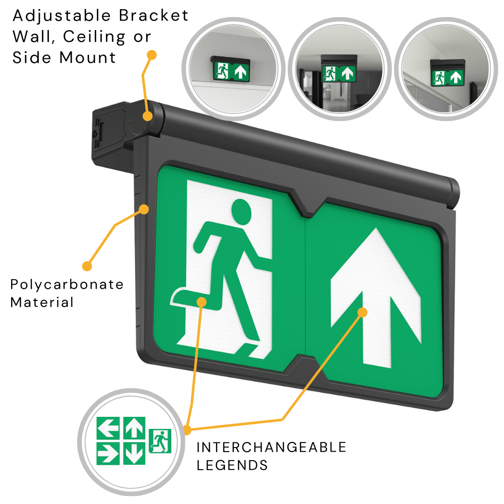 MULTI | Surface Wall / Ceiling Exit Running Man Sign Light | LED 3W 200lm | 4000K Neutral White | IP20 | 3hr Emergency | Black - LightHub Direct