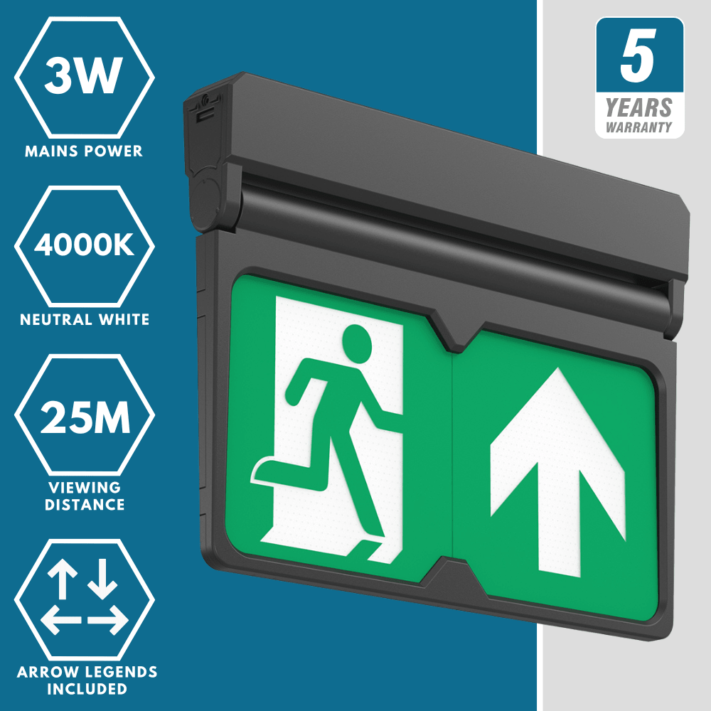 MULTI | Surface Wall / Ceiling Exit Running Man Sign Light | LED 3W 200lm | 4000K Neutral White | IP20 | 3hr Emergency | Black - LightHub Direct
