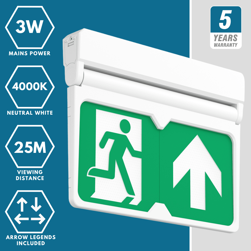 MULTI | Surface Wall / Ceiling Exit Running Man Sign Light | LED 3W 200lm | 4000K Neutral White | IP20 | 3hr Emergency | White - LightHub Direct