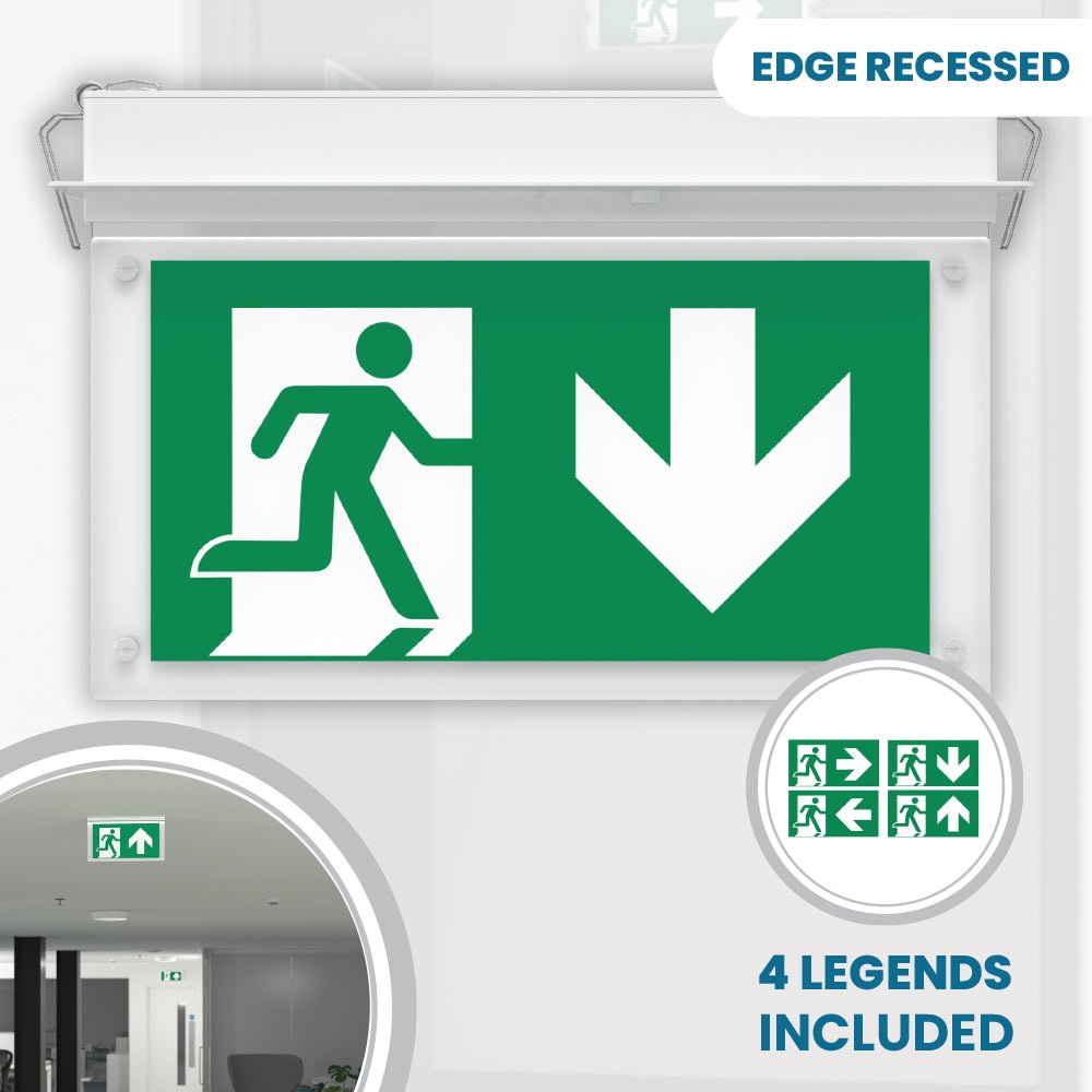 EDGE Recessed Ceiling Exit Running Man Sign Light | LED 3W 200lm | 6000K Daylight White | IP20 | 3hr Emergency Function - LightHub Direct