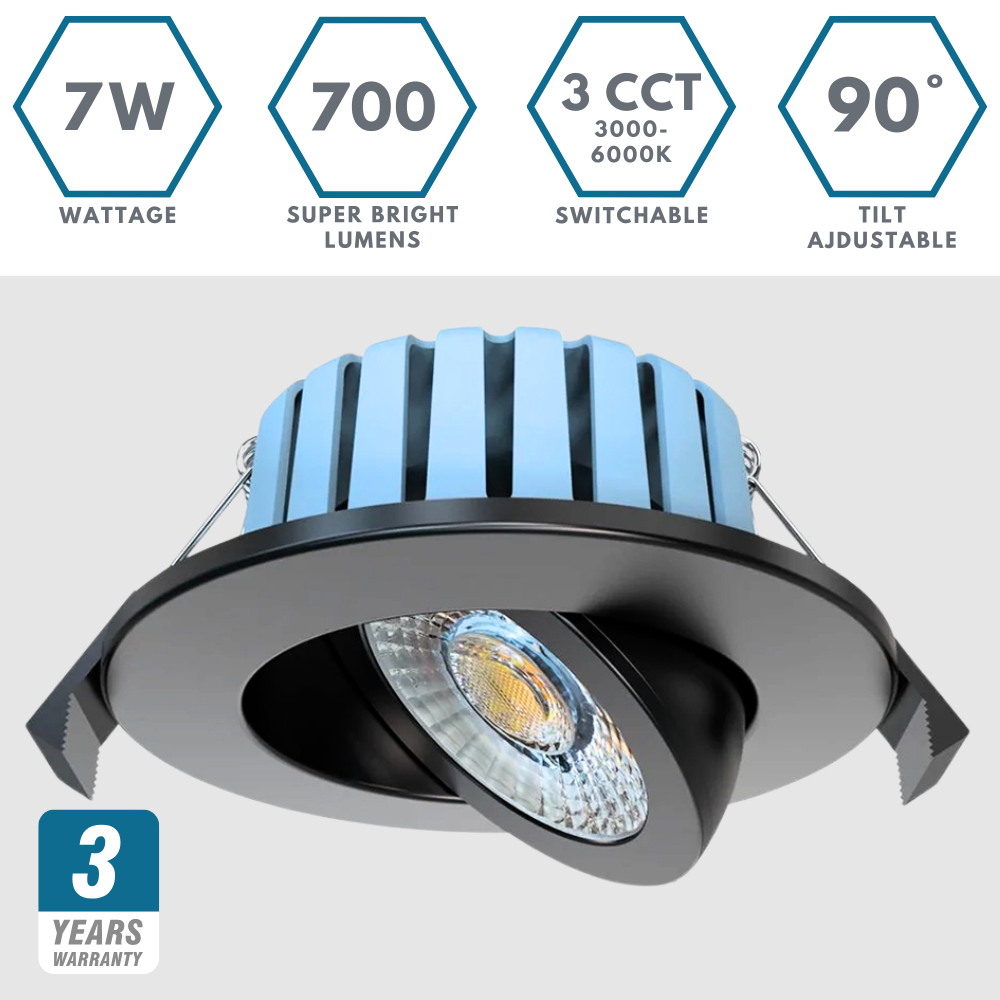 EDEN | Tri-Colour CCT | LED Tilt Adjustable Fire Rated Downlight | Dimmable 7W 700lm | IP65 | Black