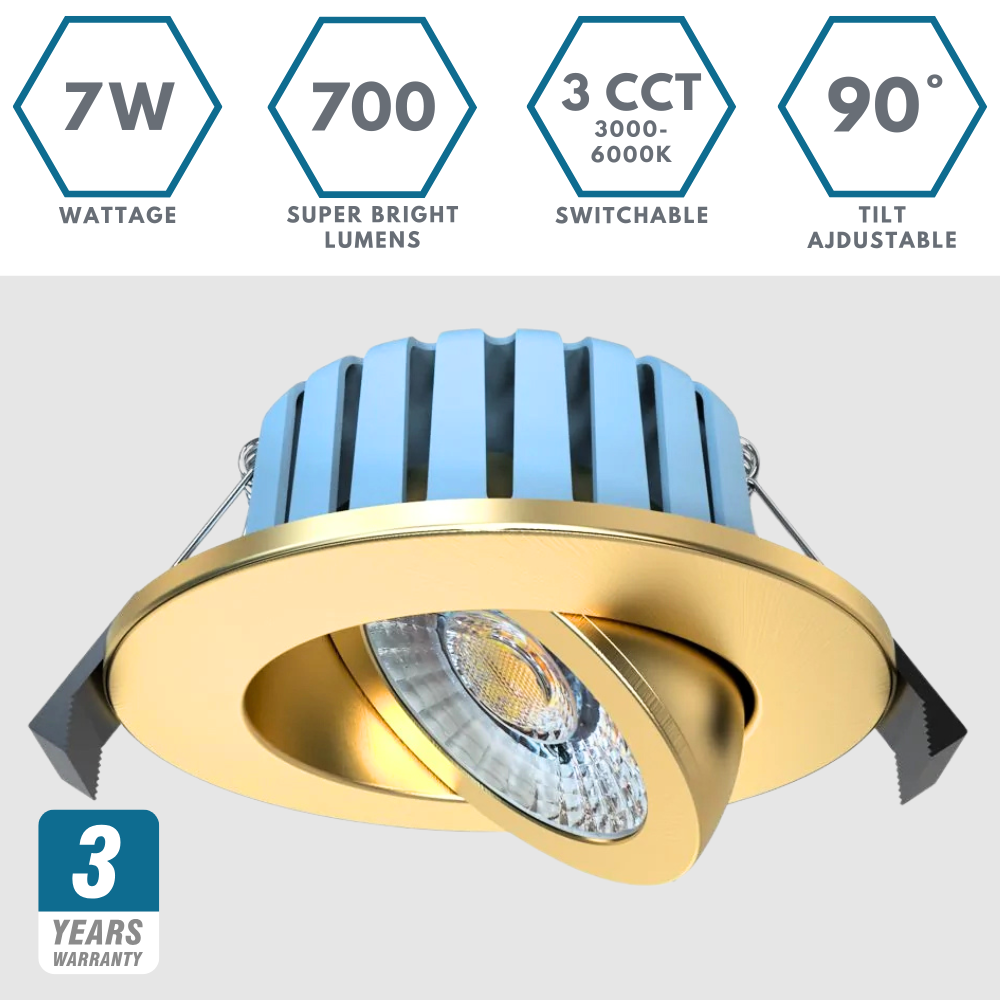 EDEN | Tri-Colour CCT | LED Tilt Adjustable Fire Rated Downlight | Dimmable 7W 700lm | IP65 | Polished Brass