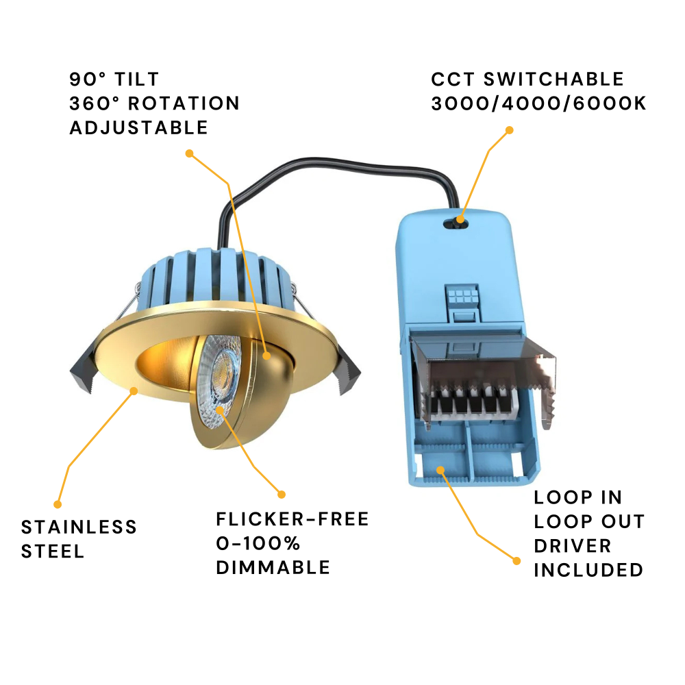 EDEN | Tri-Colour CCT | LED Tilt Adjustable Fire Rated Downlight | Dimmable 7W 700lm | IP65 | Polished Brass