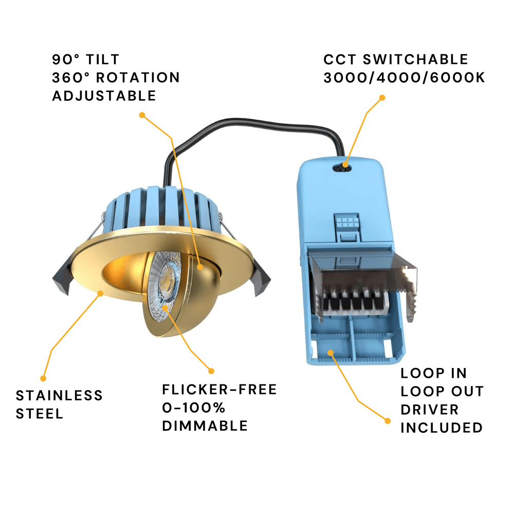 EDEN | Tri - Colour CCT | LED Tilt Adjustable Fire Rated Downlight | Dimmable 7W 700lm | IP65 | Polished Brass - LightHub Direct