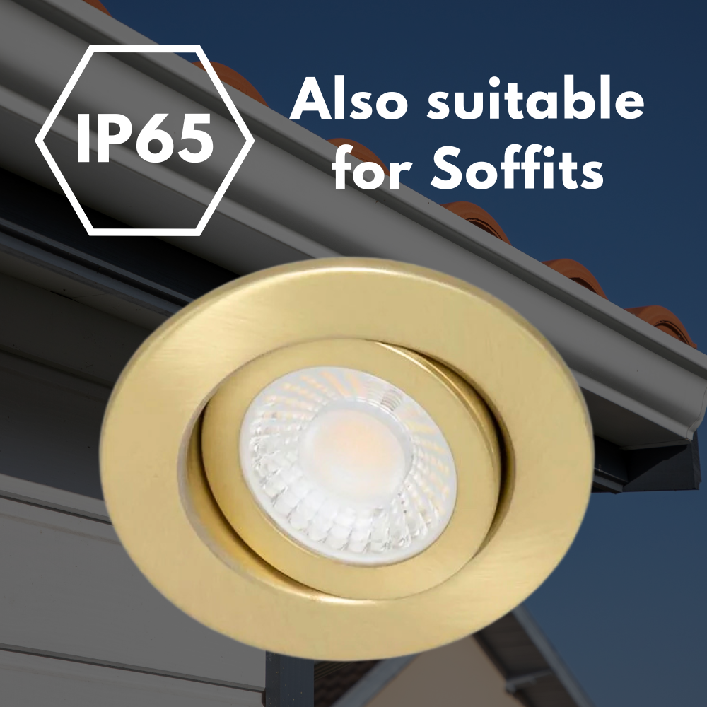 EDEN | Tri-Colour CCT | LED Tilt Adjustable Fire Rated Downlight | Dimmable 7W 700lm | IP65 | Polished Brass