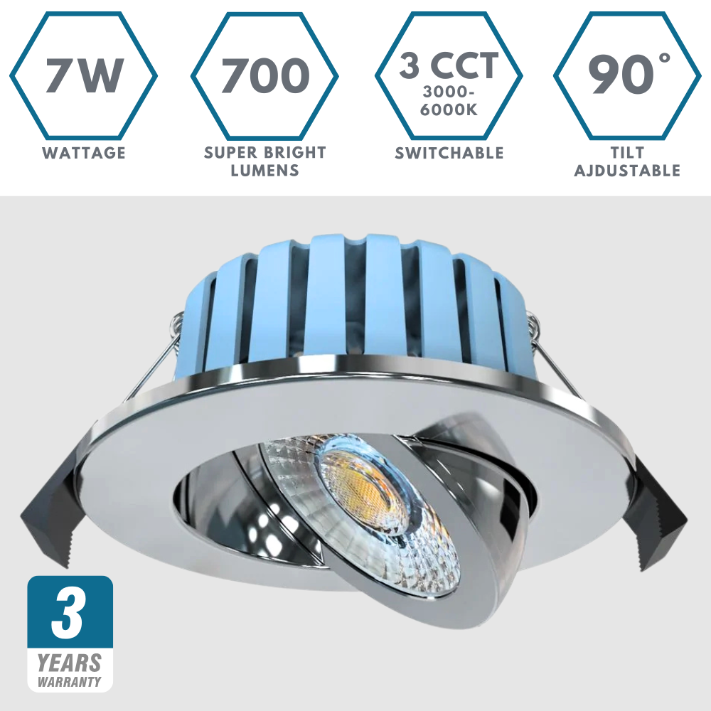 EDEN | Tri-Colour CCT | LED Tilt Adjustable Fire Rated Downlight | Dimmable 7W 700lm | IP65 | Polished Chrome