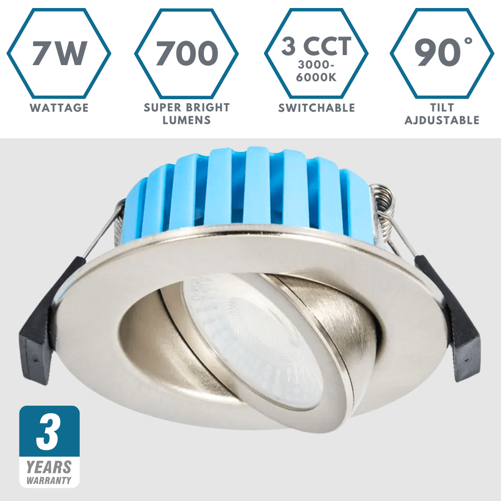 EDEN | Tri - Colour CCT | LED Tilt Adjustable Fire Rated Downlight | Dimmable 7W 700lm | IP65 | Satin Nickel - LightHub Direct