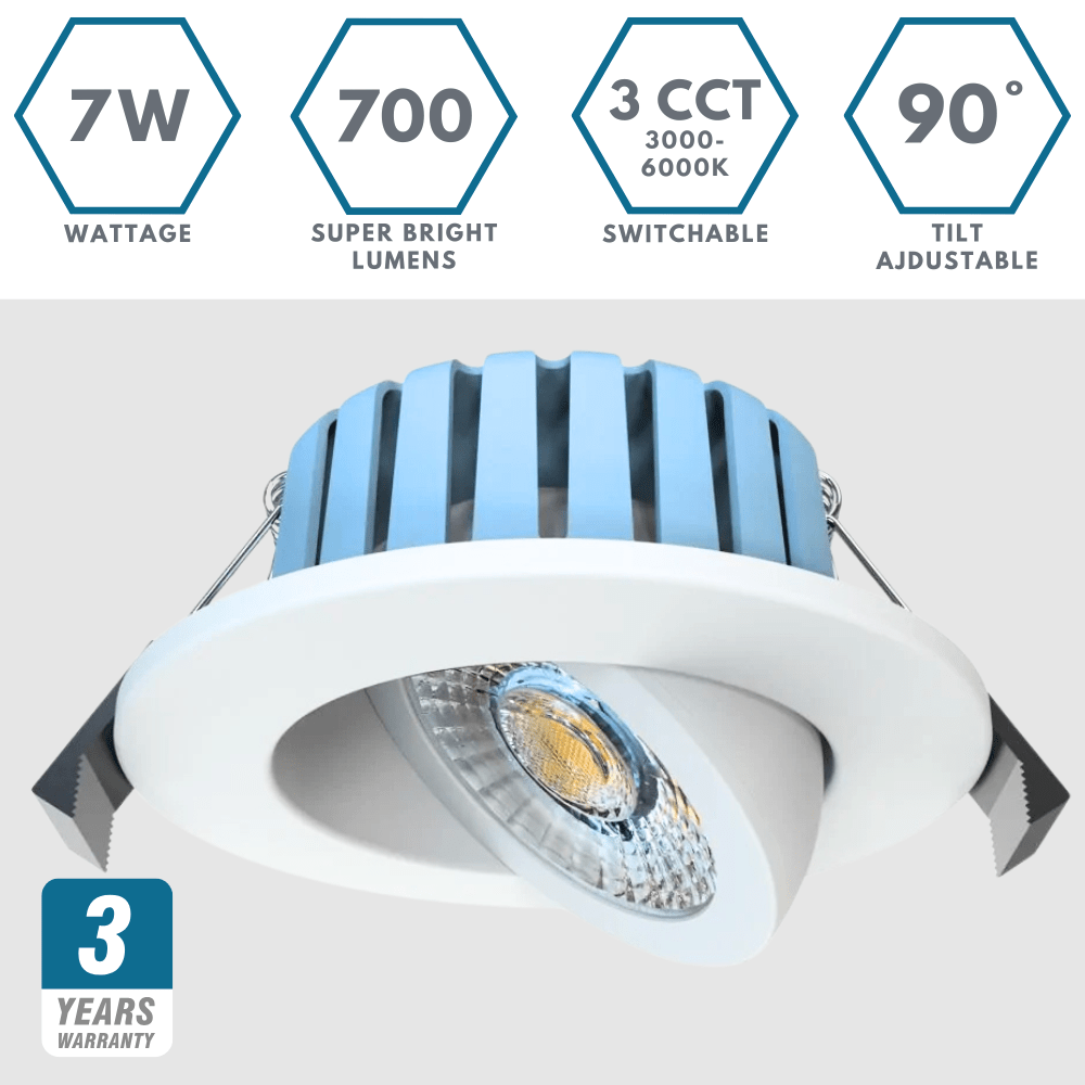 EDEN | Tri - Colour CCT | LED Tilt Adjustable Fire Rated Downlight | Dimmable 7W 700lm | IP65 | White - LightHub Direct