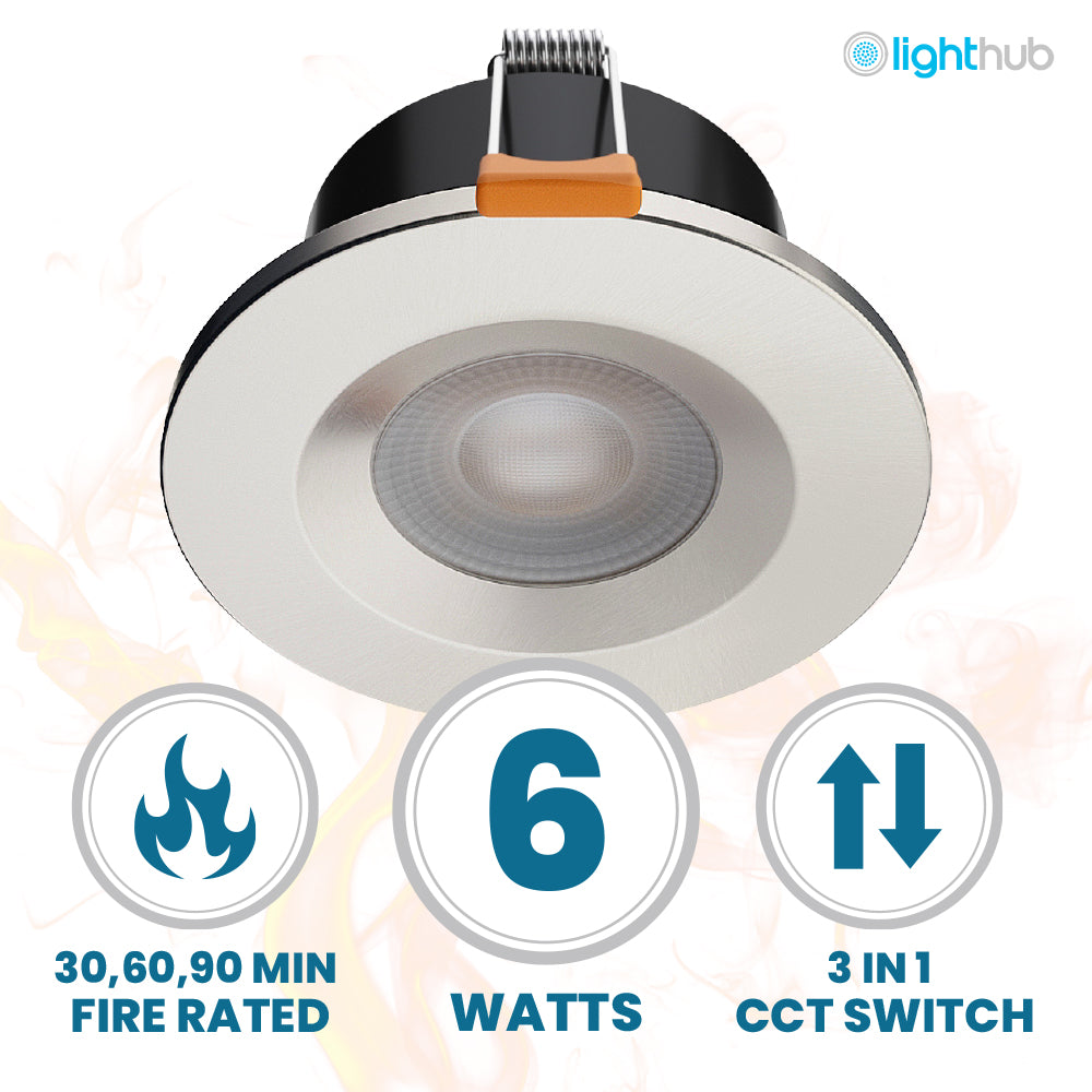 STRATA ONE | Tri-Colour CCT | LED Fire Rated Downlight | Dimmable 6W 600lm | IP65 | Brushed Chrome