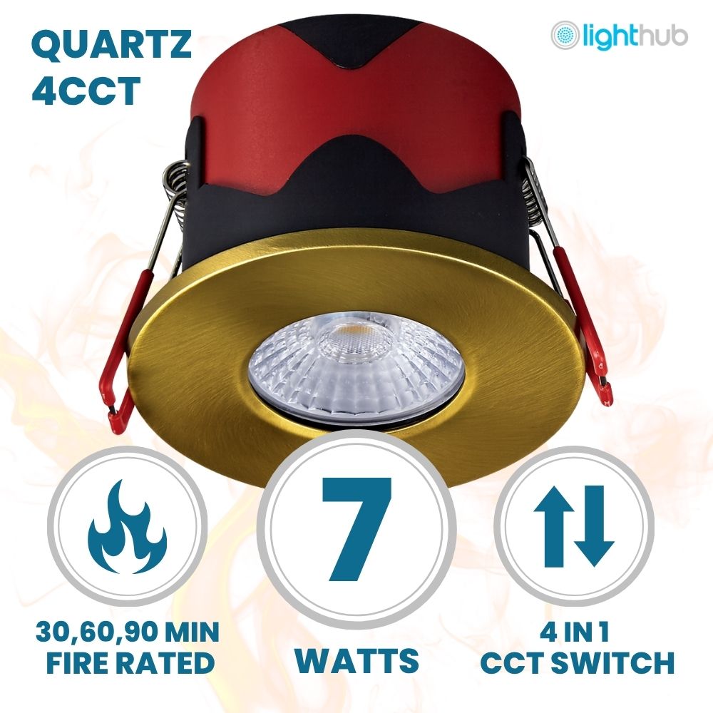 ONYX | Quad - Colour CCT | LED Fire Rated Downlight | Dimmable 7W 750lm | IP65 | Matt Brass - LightHub Direct