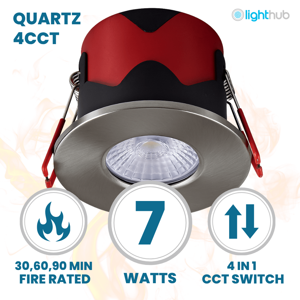ONYX | Quad - Colour CCT | LED Fire Rated Downlight | Dimmable 7W 750lm | IP65 | Brushed Nickel - LightHub Direct
