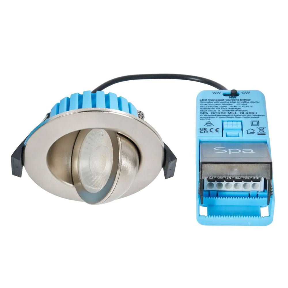 EDEN | Tri - Colour CCT | LED Tilt Adjustable Fire Rated Downlight | Dimmable 7W 700lm | IP65 | Satin Nickel - LightHub Direct