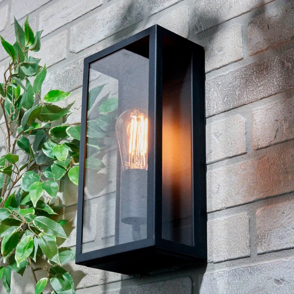 MINERVA | Outdoor Box Glass Wall Porch Lantern Light | E27 | IP44 | Black - LightHub Direct