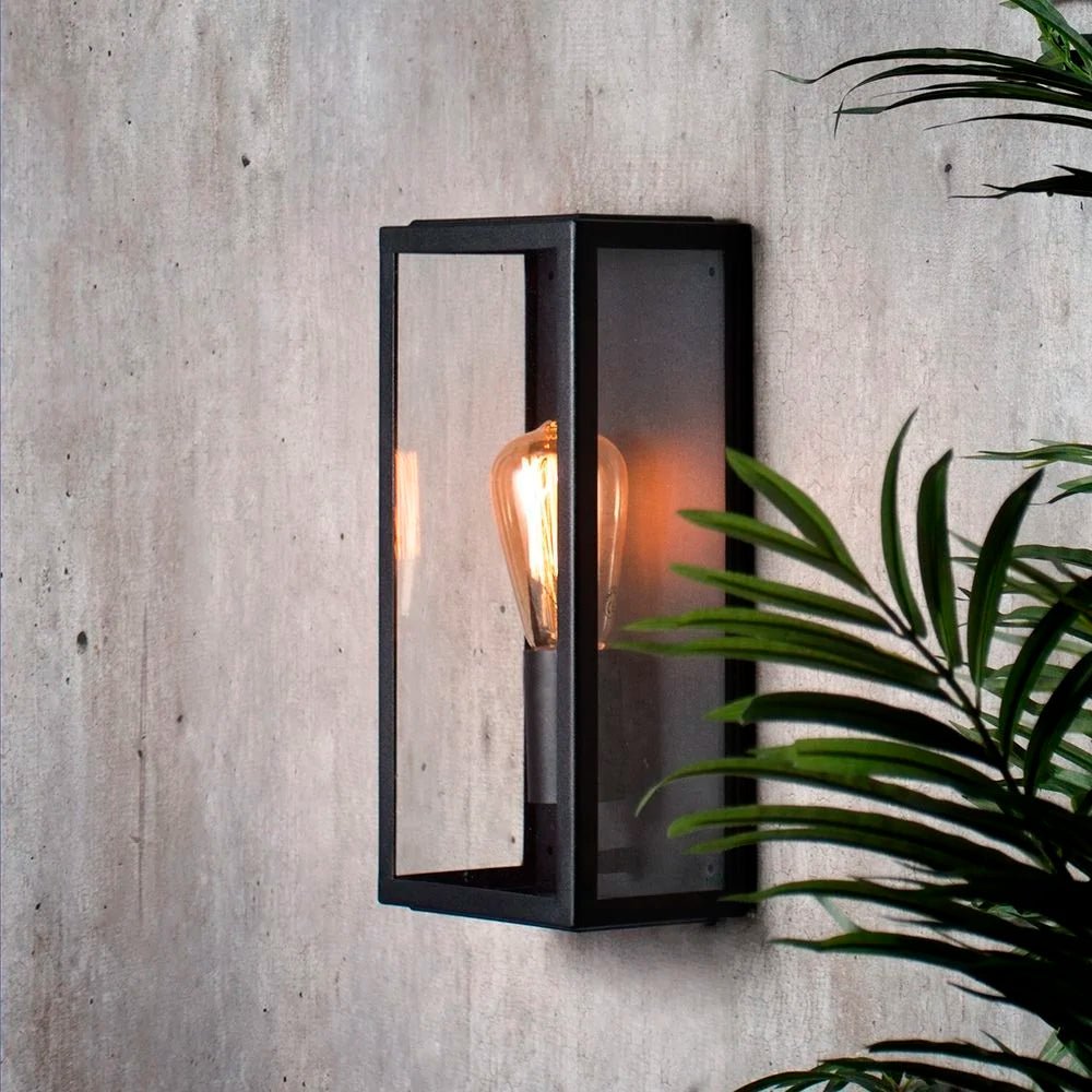 MINERVA | Outdoor Box Glass Wall Porch Lantern Light | E27 | IP44 | Black - LightHub Direct