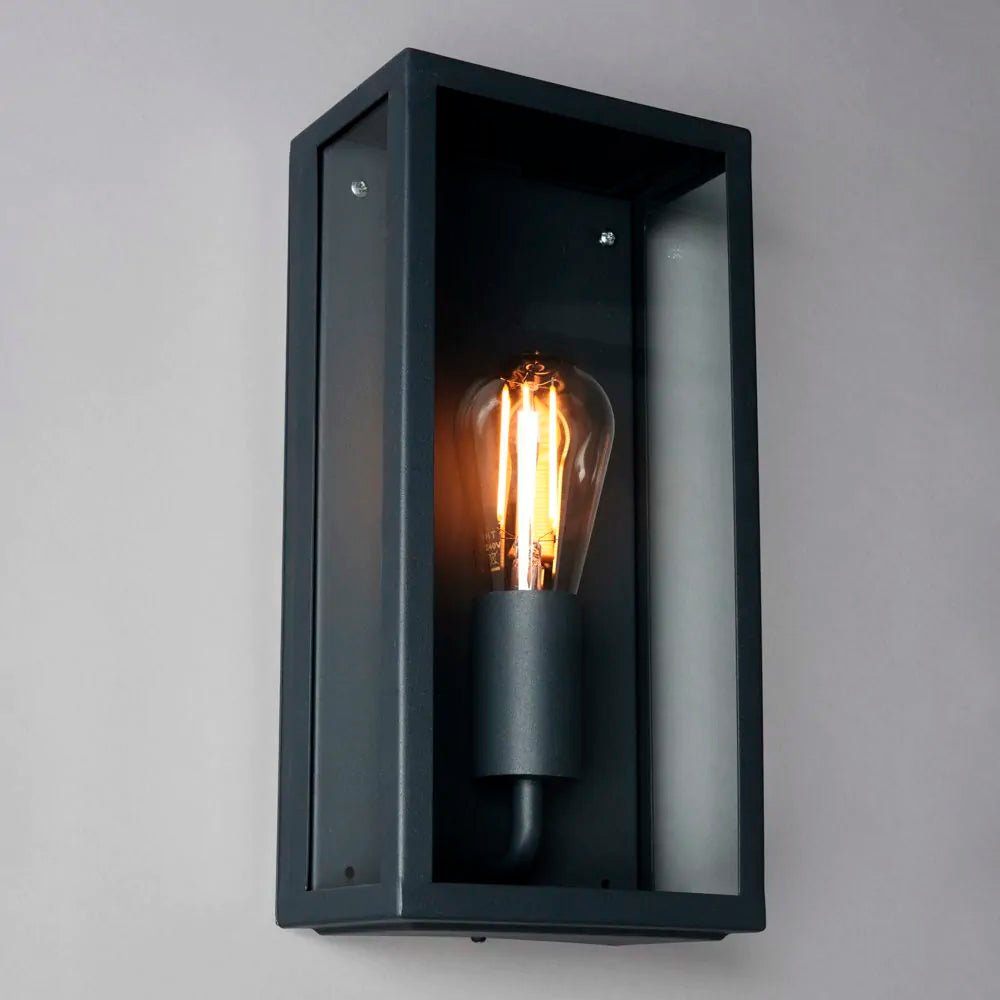 MINERVA | Outdoor Box Glass Wall Porch Lantern Light | E27 | IP44 | Black - LightHub Direct