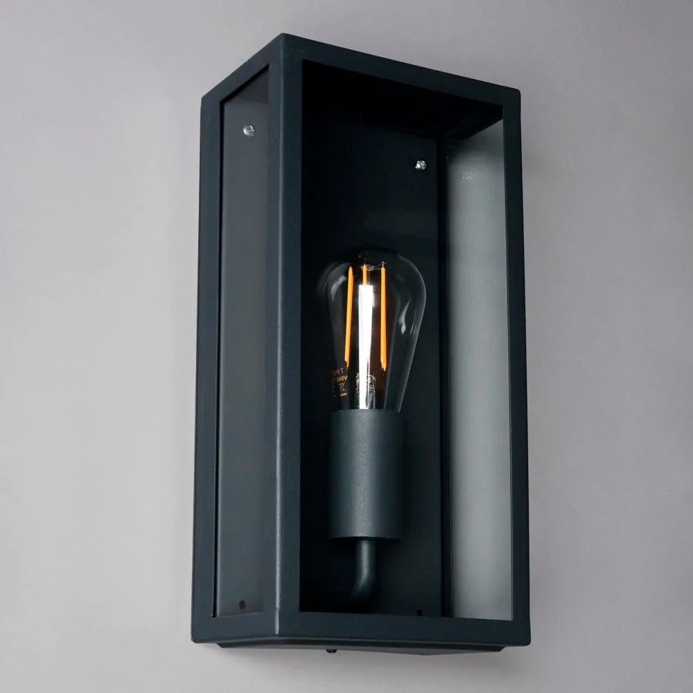 MINERVA | Outdoor Box Glass Wall Porch Lantern Light | E27 | IP44 | Black - LightHub Direct