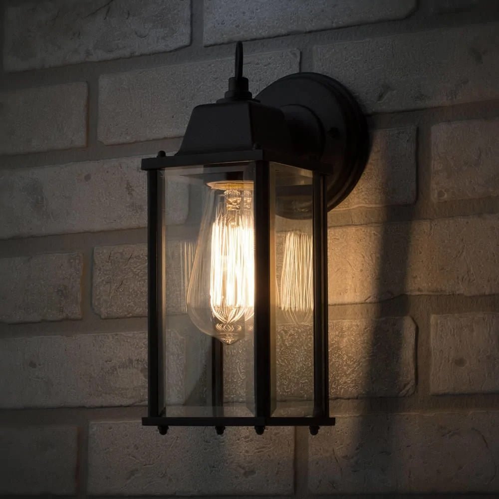 CERES | Outdoor Down Box Glass Wall Porch Lantern Light | LED Vintage 6W E27 | IP23 | Black | 2000K Warm White - LightHub Direct